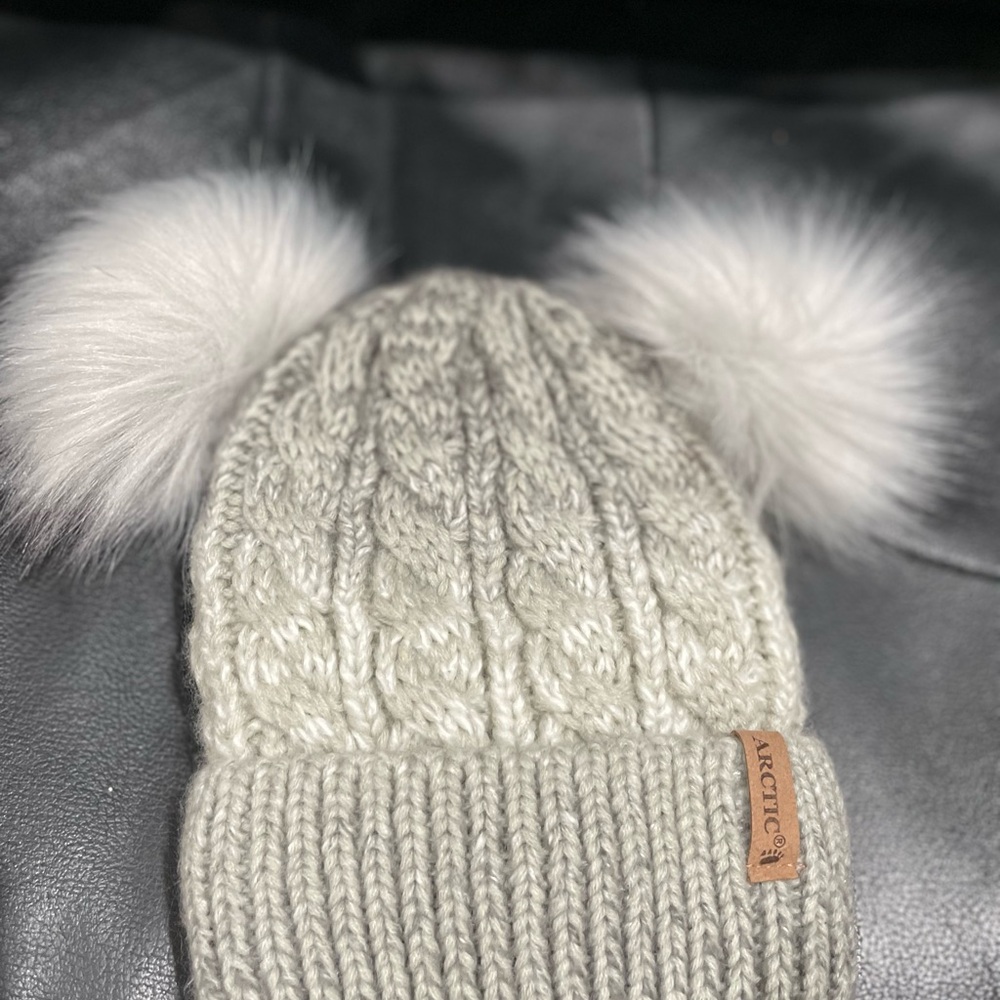 Gray and White Cable Knit Hat with Dual Pom Poms